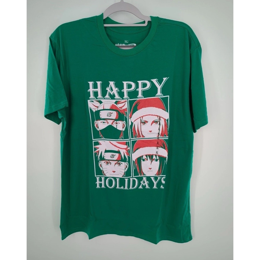 Naruto Mens Christmas Shirt XL Green Happy Holidays